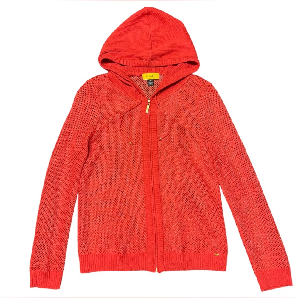 St. John Jacket Open Knit Coral Zip Up Hooded Size Medium